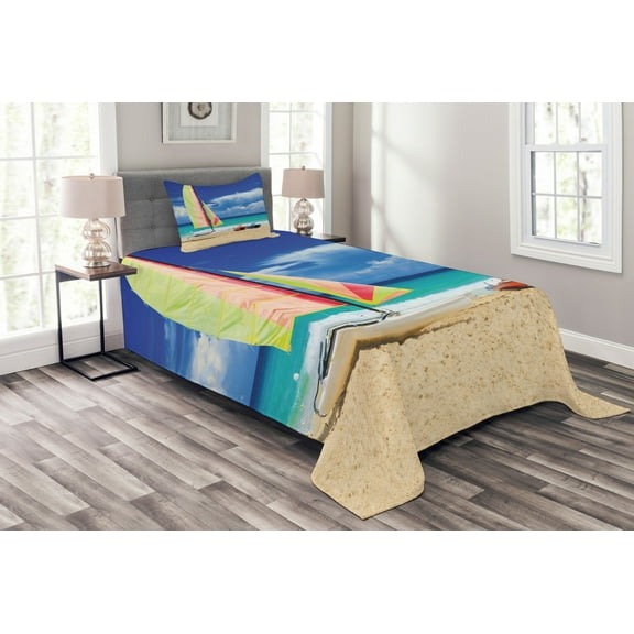 Ambesonne Holiday Quilted Bedspread Set 2 Pcs, Ocean Sailing Exotic, Twin Size, Blue Cream