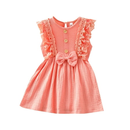 

Utoimkio Toddler Girl Dresses Clearance Sleeveless Casual Dresses for Girls Toddler Kids Baby Girls Lace Sleeveless Button Cute Bowknot Solid Princess Dress