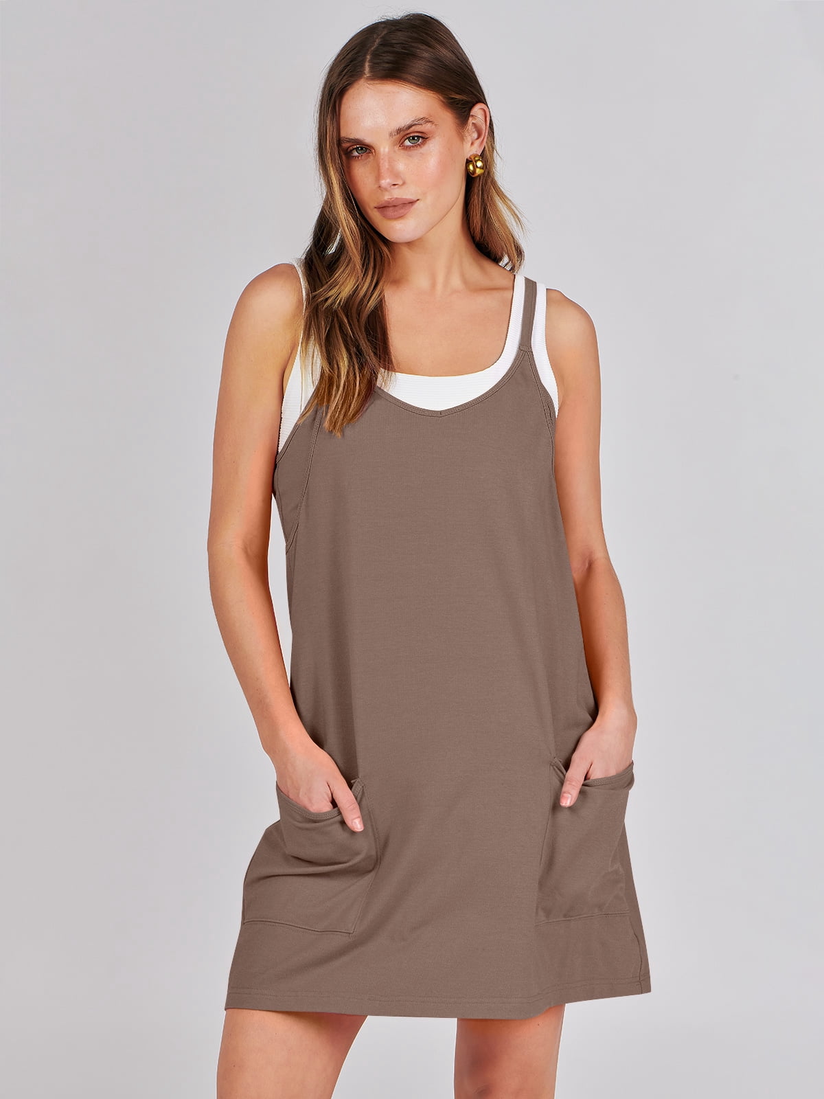 ANRABESS Athletic Dress for Women Tennis Dress with Shorts Summer Active Workout Romper Dress Sleeveless Spaghetti Strap Mini Dress Casual Sundress Vacation Outfits Coffee XXL