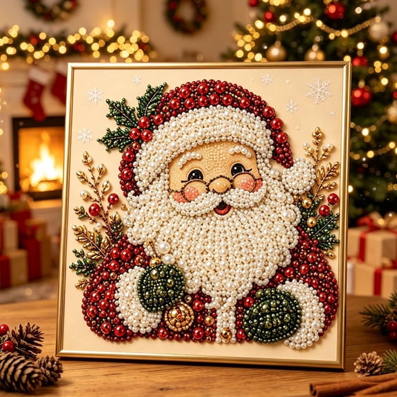 Christmas Decor Santa Pearl Art Kit for Adults | Diamond Painting Kit With Frame, DIY Home Decor Wall Art, Beginner DIY Seasonal Party Gift 3D Pearl Sparkle