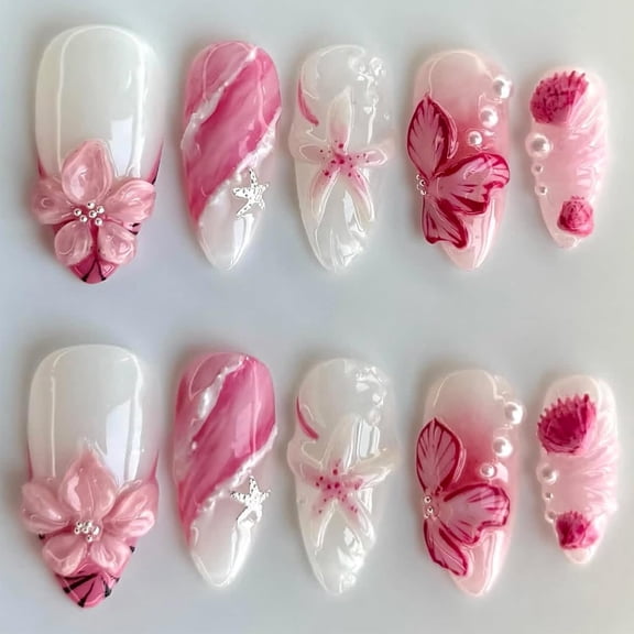 3D Flower Press on Nails Medium Almond French Tip Fake Nails Pink False Nails with Flower Stars Shell Pearls Designs Gradient Glossy Glue on Nail Reusable Full Cover Acrylic Nails for Women 24Pcs