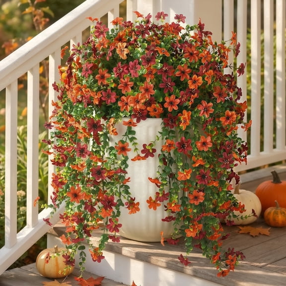 AcerichFad Fall Hanging Flowers Outdoor, 2 Pcs Artificial Autumn Fake Silk Flowers Faux Plants for Outside Indoor Yard Garden Porch Patio Home Decor, Dark Red Orange