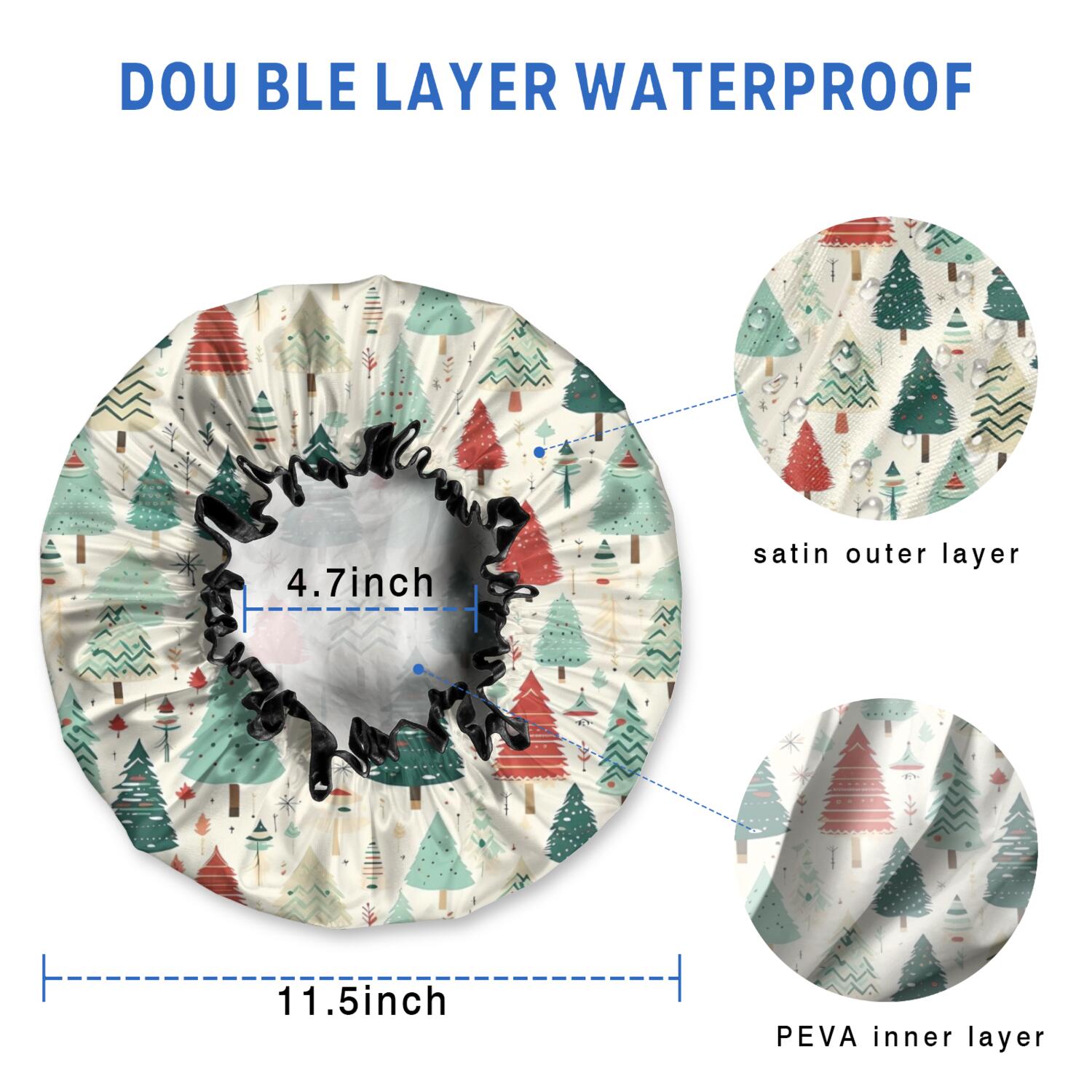 Shower Caps,Beige Christmas Tree Pattern Waterproof Shower Cap for Women 4 Pieces,Double Reusable Hair Cover for Shower PEVA Elastic Stretch Hem