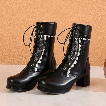 

QISIWOLE Women s Fashion Lace Leather Boots Square Head Thick Heel Strap Casual Booties clearance under 5