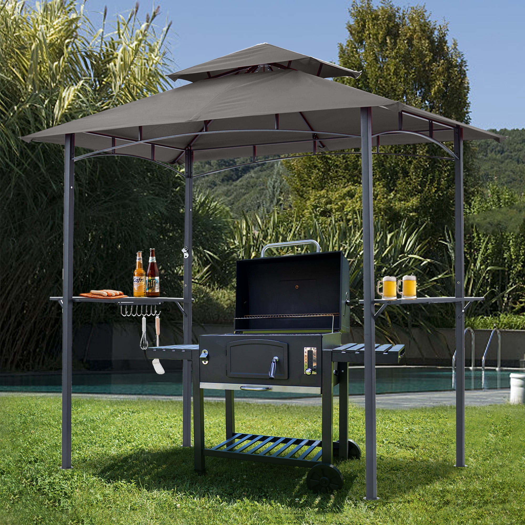 ABCCANOPY 8'x 5' Grill Gazebo Shelter, Double Tier Outdoor BBQ Gazebo Canopy with LED Light(Gray)
