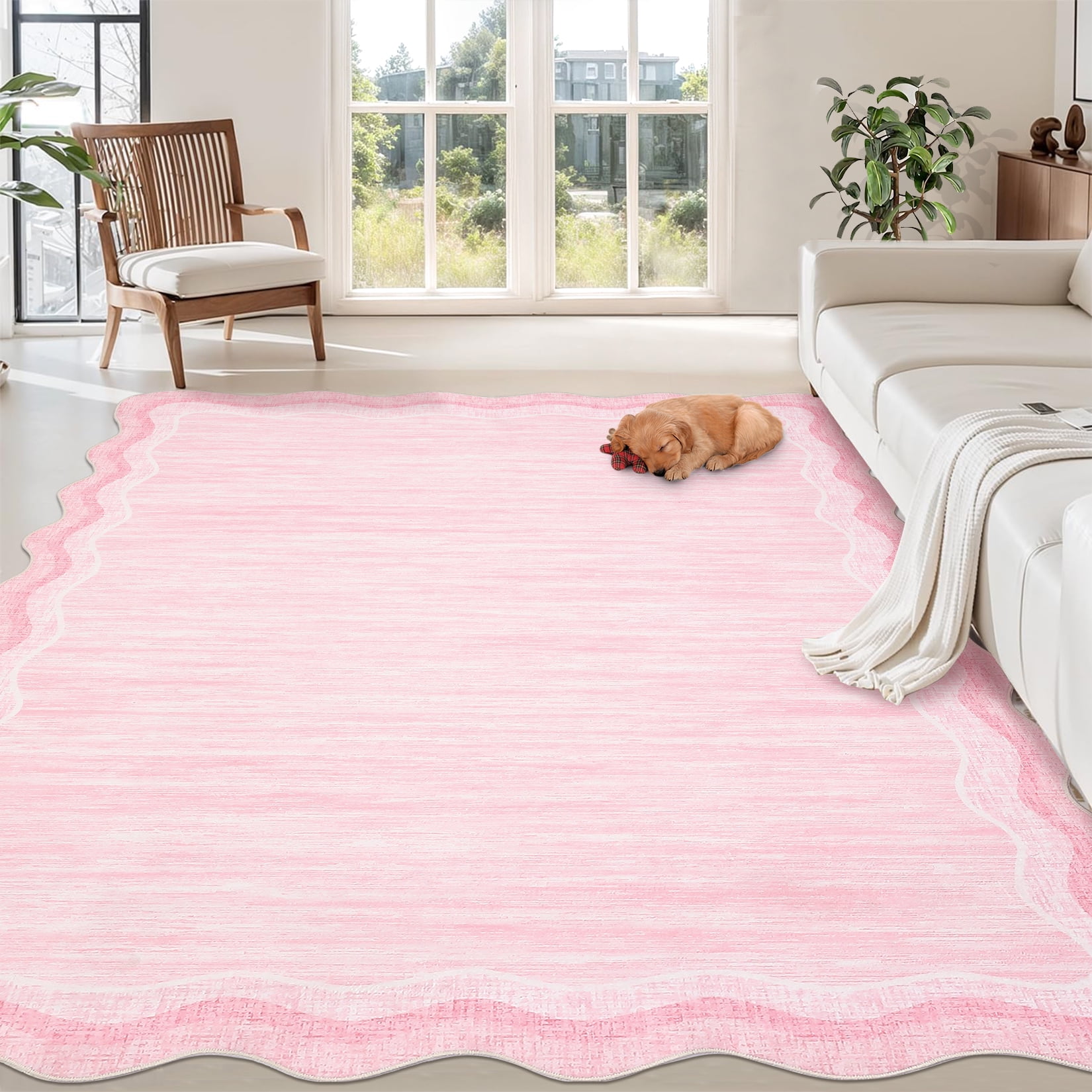 Large Scalloped Area Rugs 9x12 Washable Modern Living Room Rug with Non-Slip Backing, Contemporary Low Pile Accent Carpet, Stain-Resistant Foldable Floor Cover for Dining Room, Beige
