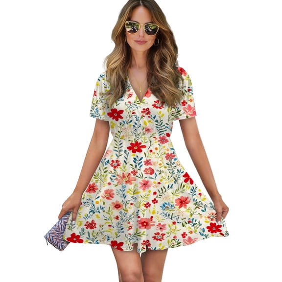 Lovely Floral Cream Fabric Design Women Dress V-Neck Short Sleeve Flowy Swing Party Midi Dress