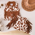thumbnail image 2 of mgoYE Toddler Girl Western Outfit Baby Cowgirl Clothes Ruffle Cow Print Shirt Button Tops Tassel Shorts Outfits(Khaki,6-12 Months), 2 of 9