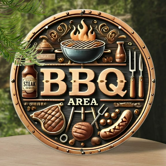 Vintage 8 Inch Round Aluminium BBQ Area Sign: Perfect for Outdoor Walls, Garages, and Patios - Farmhouse, Garden, and Barbecue Decor