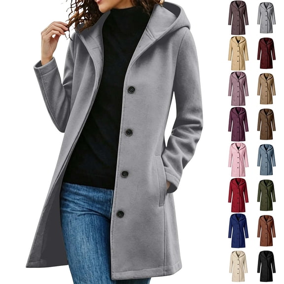 Fanshiluo Women's Hooded Mid Length Single Breasted Coat, Casual Outerwear with Pockets for Fall Winter,Size S-3XL