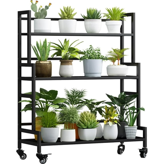 Plant Stand Indoor 3 Tier Metal Outdoor Tiered Stands Shelf With wheel for Multiple Plants Potted Ladder Plant Holder Table Plant Pot Stand for Window Garden Balcony Living Room (3 Tier-Black)