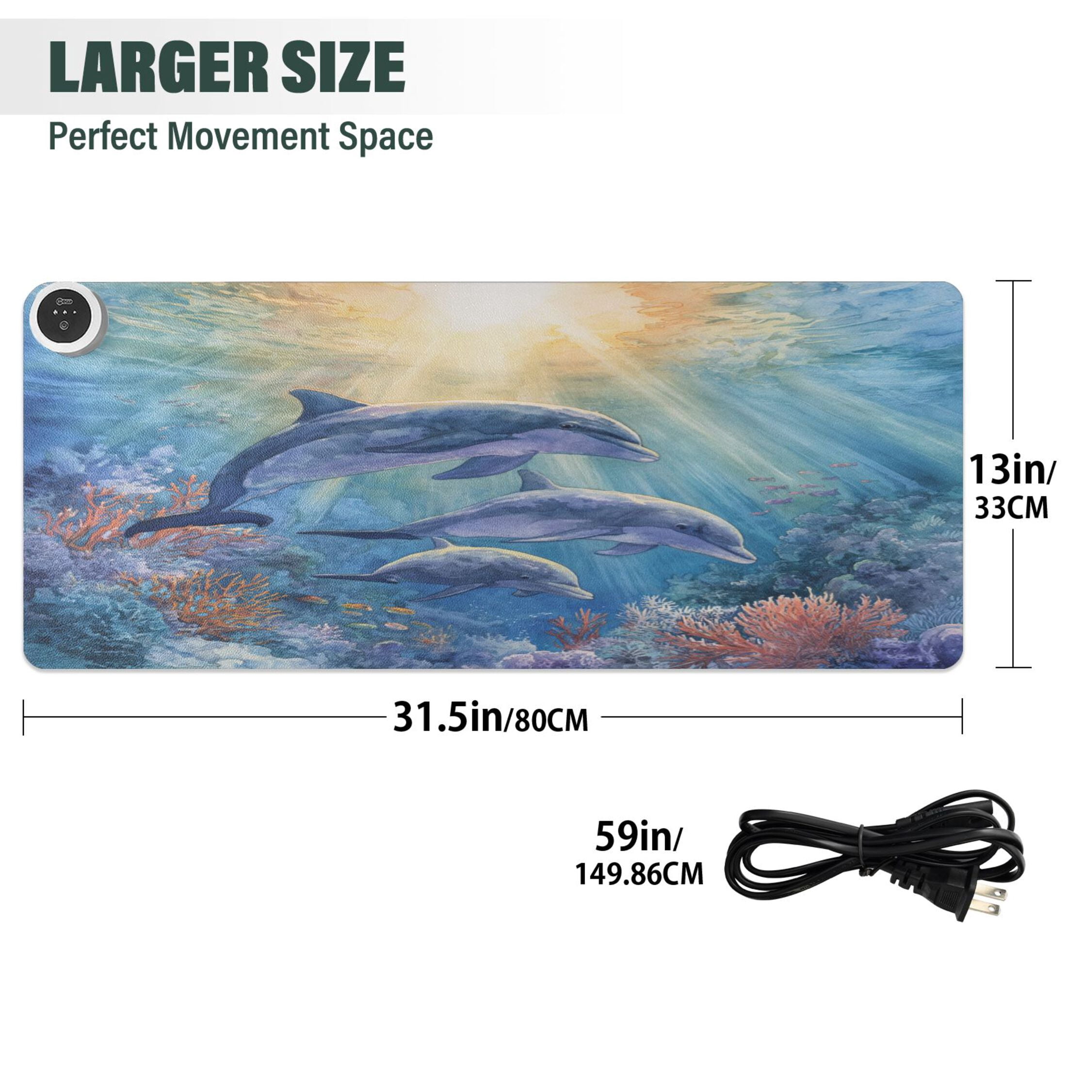 Large Heated Desk Mat Mouse Pad 31.5"x13"PU Leather Graphene Heating Desk Warmer with 3 Temperature Settings 110V US Plug Non-Slip Warm Pad for Home, Office, and Gaming Sunlit Dolphin Pod Print