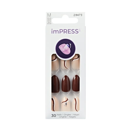 KISS imPRESS Design  Press on Nails, Better Me, Brown, Medium Almond, 30 Count