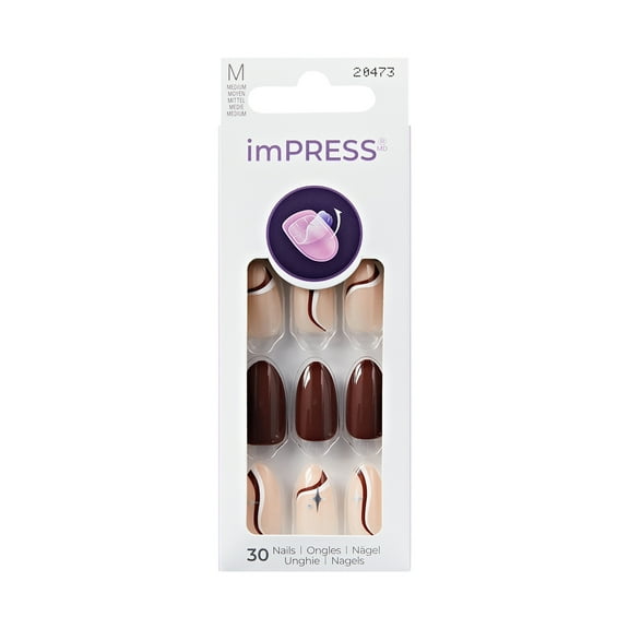 KISS imPRESS Design  Press on Nails, Better Me, Brown, Medium Almond, 30 Count
