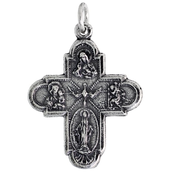 Sterling Silver Scapular 4 Way Cross Medal Pendant Oxidized finish 7/8 inch
