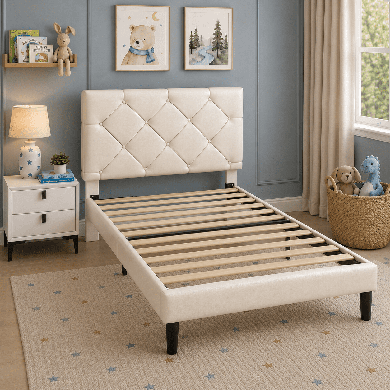 Twin Bed Frame with Upholstered Faux Leather Headboard, UHOMEPRO Platform Bed Frame with Wood Slat Support, No Box Spring Needed, Beige
