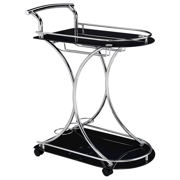 FurniFact Contemporary Bar Cart, Black Glass, Chrome Metal, Wine & Stemware Storage