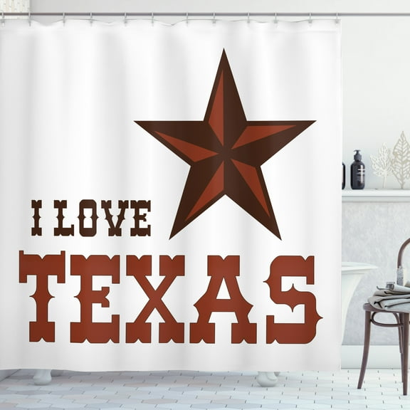 Texas Star Shower Curtain, Western Culture Motifs with a Quote about Southwest of United States, Fabric Bathroom Set with Hooks, 69W X 70L Inches, Dark Brown and Brown, by Ambesonne