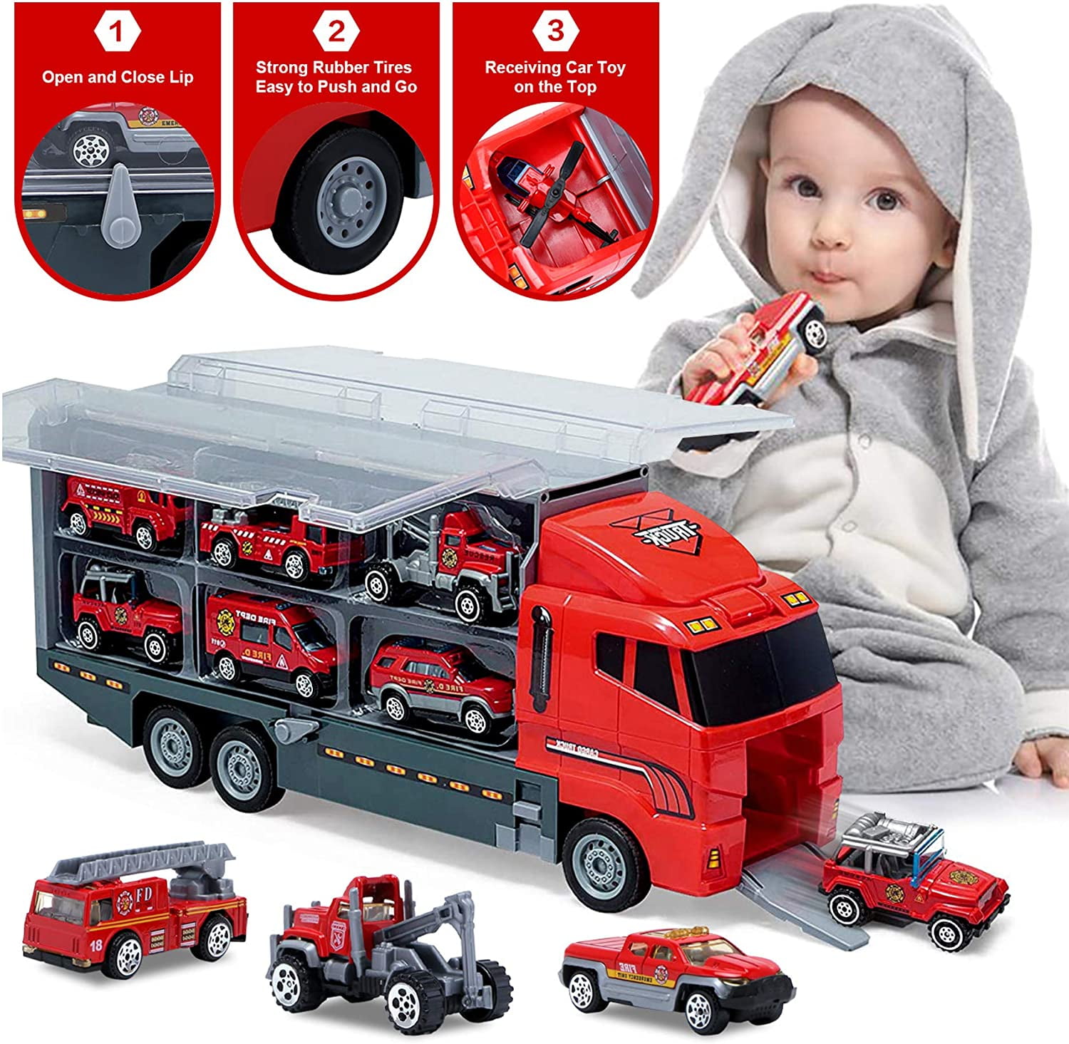 Boys 9pieces Creative 1:64 Fire Truck Toy Cars Model Party Favors for Kids 