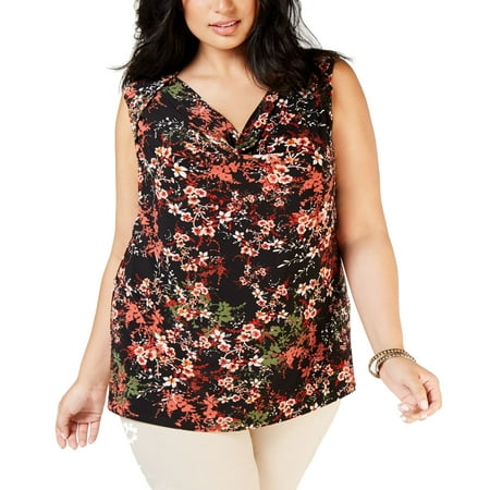 NINE WEST Womens Black Blouse Floral Sleeveless V Neck Peplum Top Plus Size: 2X