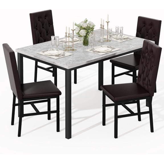 LinkRomat Dining Table Set for 4, Faux Marble Dining Room Table, Kitchen Table Set with 4 PU Leather Upholstered Chairs for Kitchen, Dining (Brown)