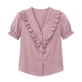 thumbnail image 2 of Cilsoka Women's Ruffle Trim Button Down Shirts Summer V Neck Puff Sleeve Cotton Linen Tops Casual Loose Fit Solid Blouse, 2 of 6