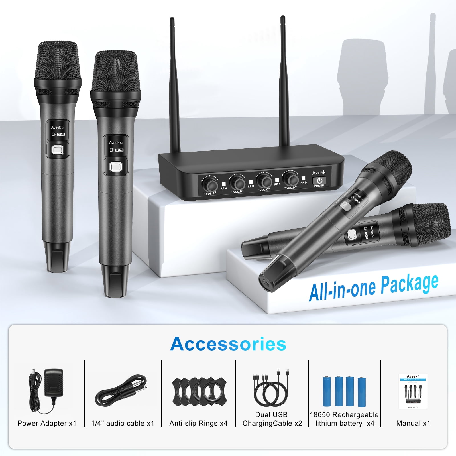 Aveek Wireless Microphone System,4-Channel Wireless Mic,262ft Range,40Hour Battery,Dynamic Microphones for Karaoke,Singing,Speech,Stage,Wedding,DJ