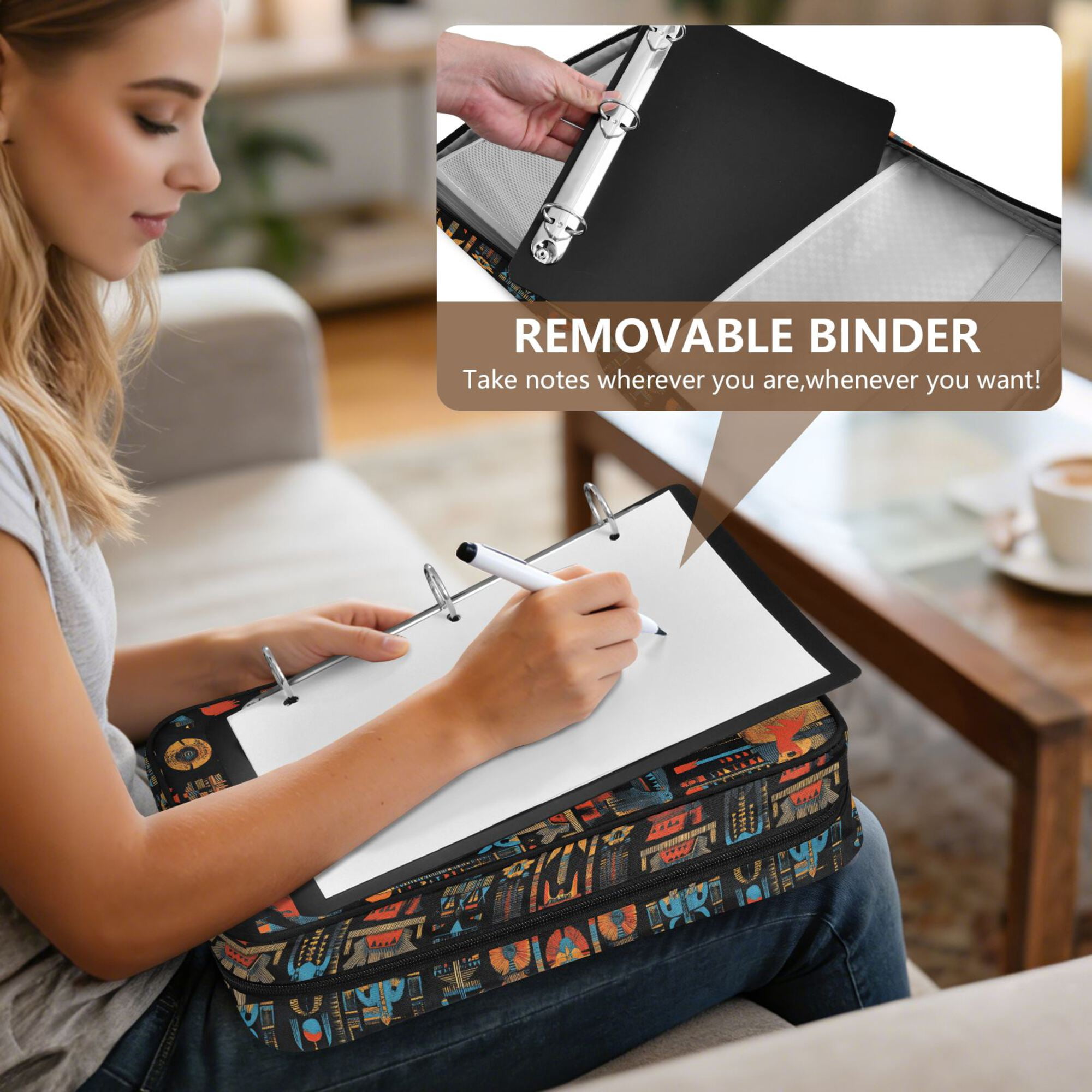 FORMRS Accordion File Folder A4 Size 7-Pocket Expanding Document Organizer Bag with 3 Ring Binder, Black Geometric