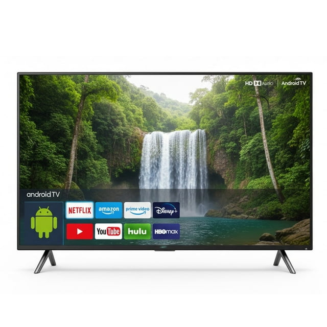 smart tv iruibo 32" hd android 14 con dolby audio, wifi, hdmi x3 y usb x2 — Televisor iRuibo negro 32" frontal con bisel delgado y patas de soporte; pantalla HD muestra Android TV con apps populares (Netflix, YouTube, Prime Video, Disney+, HBO Max) y logo Dolby Audio visible; conexión WiFi integrada y puertos HDMI x3 y USB x2 según especificaciones; también apto para duplicar pantalla desde smartphone.