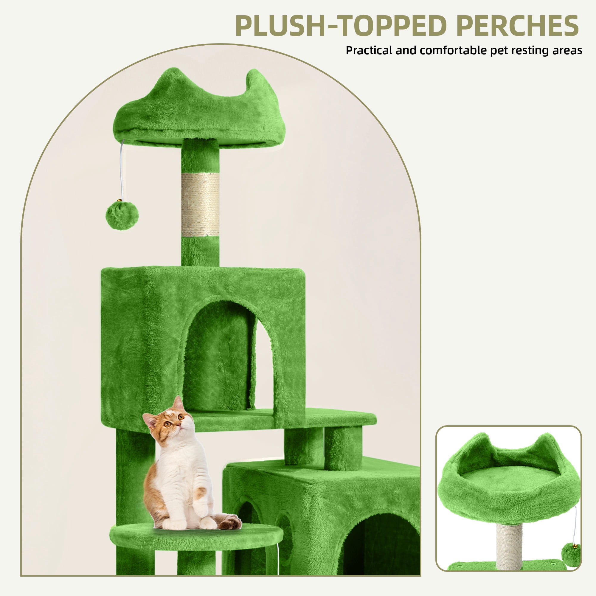 Uforic 54in Cat Tree Tower, Multi-Level Cat Condos, with Scratch Posts, Plush Top Perches, Hammock, Pet Play House, Green