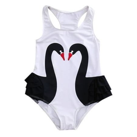 stylesilove Kid Girl One Piece Swan Print Ruffle Swimsuit Beachwear Bathing Suit (4T,