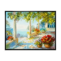 Designart 'Terrace With Red Flowers Near The Sea' Nautical & Coastal Framed Canvas Wall Art Print