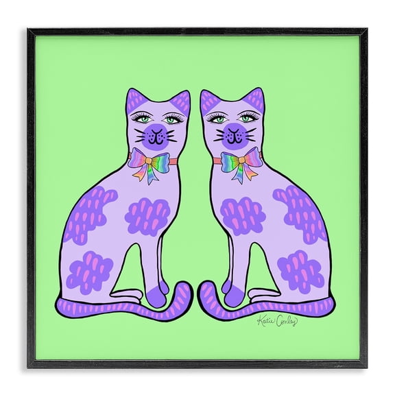 Stupell Industries Purple Cats on Green Animals Painting Black Framed Art Print Wall Art, 12 x 12