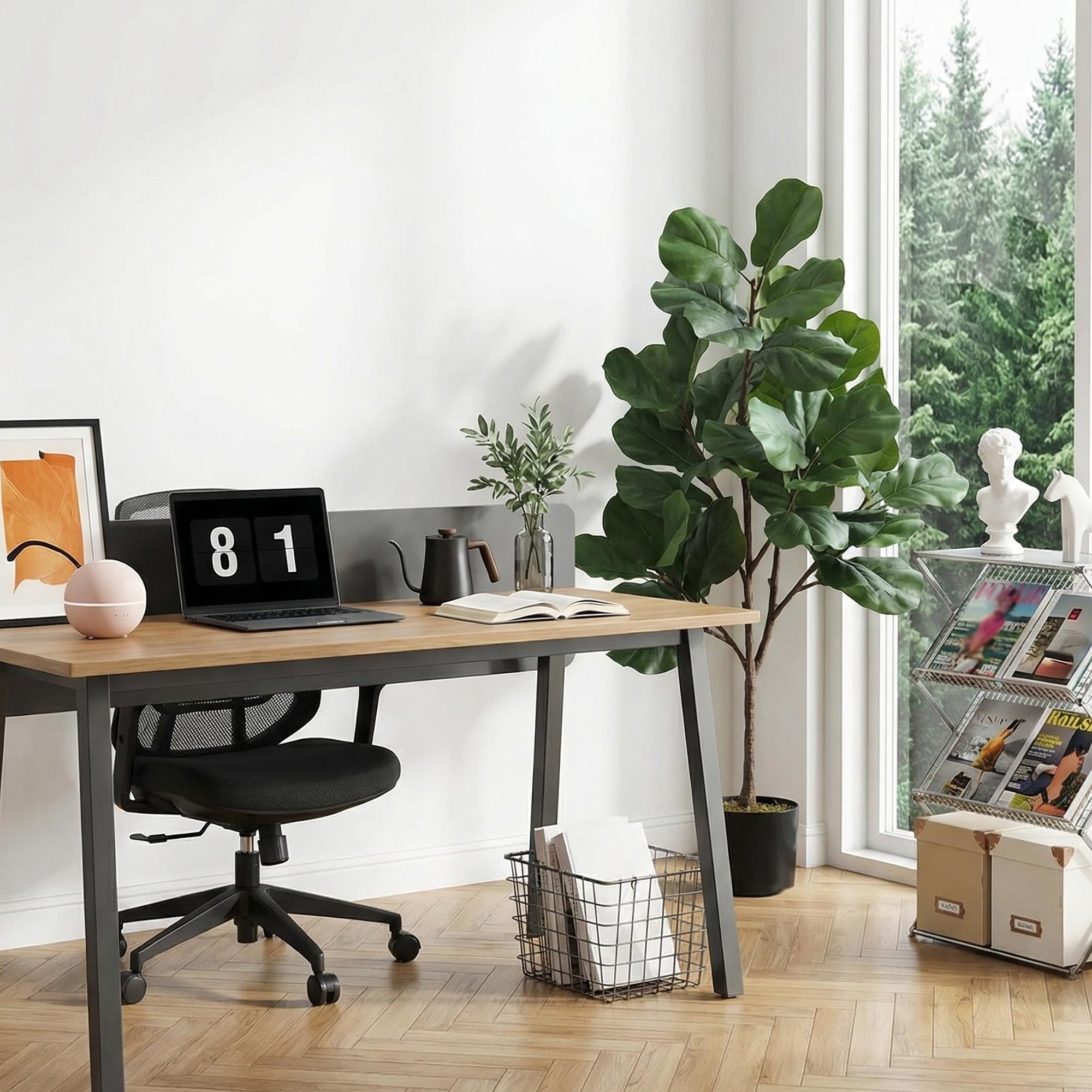 Artificial Fiddle Leaf Fig Tree 5FT Tall, Faux Ficus Lyrata Plant with Realistic Silk Leaves in Pot, Fake Floor Plant for Indoor Home Office Decor