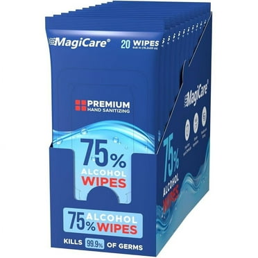 MagiCare Hand Sanitizer Wipes, Unscented, 75% Alcohol, Large Wipes - 10 Travel Packs (20ct Each, 200ct) - Travel Bag, Car, Camping