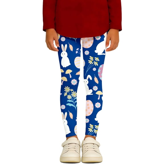Girls Easter Bunny Egg Print Active Leggings - Stretchy Tights for Yoga, Dance, and Casual Play (Ages 3-14)