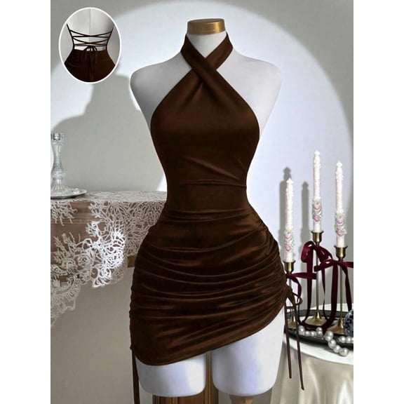 Brown Velvet Criss-Cross Ruched Waist Bodycon Mini Dress, Sleeveless Halter Neck