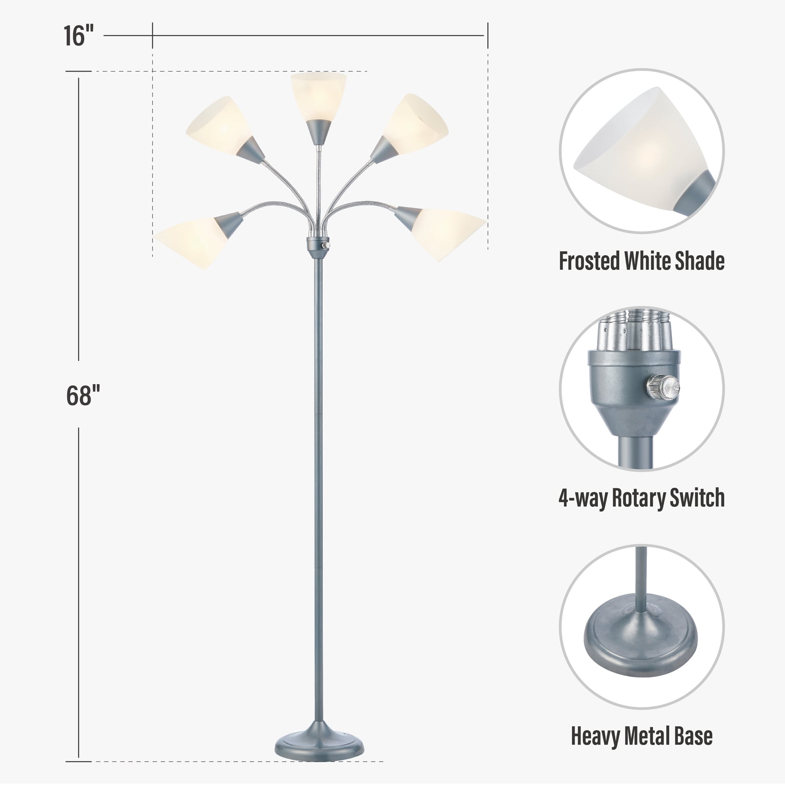 HonoDing 5-Light  Floor Lamp  Adjustable Arms,  68"Sliver Floor Lamp,No Bulb