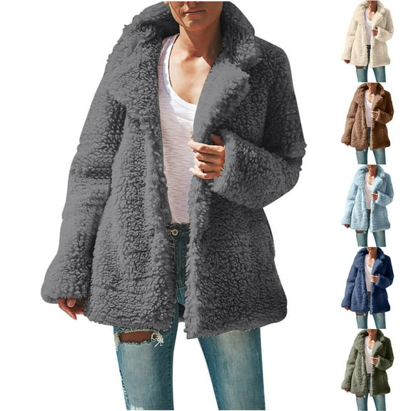 Hueook Fall Jackets for Women 2025 Womens Puffer Jacket Women's Solid Winter Faux Coats Long Sleeve Lapel Pockets Fleece Jacket Casual Trendy Outerwear Dark Gray XL