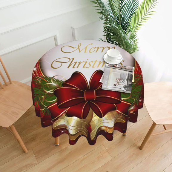 Tablecloth Merry Christmas Bell Snowflake Round 60 x 60 Inch Table Cover Polyester Stain and Wrinkle Resistant Table Cloth for Kitchen Dining Coffee Party
