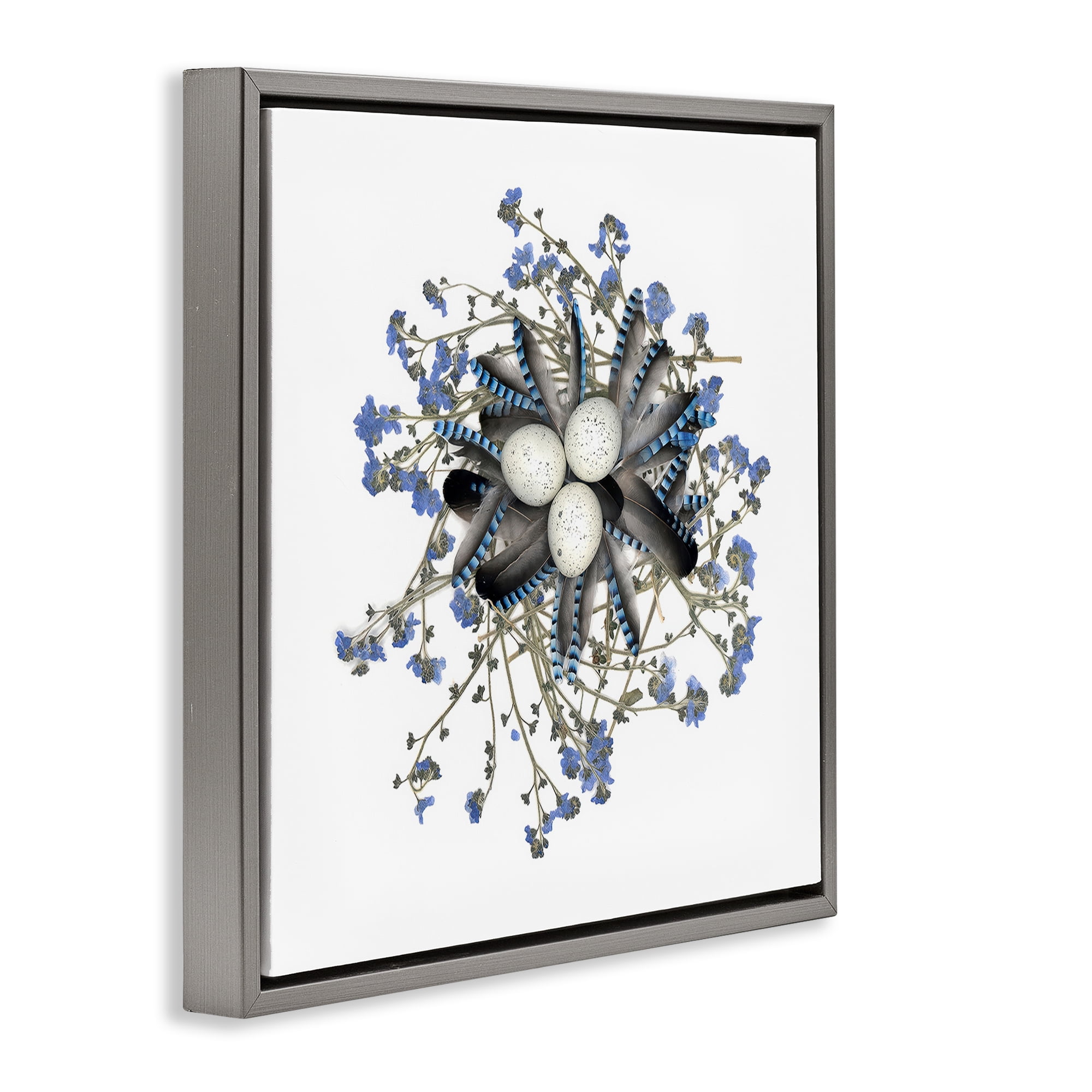 Stupell Industries Feathered Nest & Blue Florals Gray Framed Floater Canvas Wall Art, design by Beth Adoette