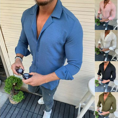 Smart Casual Shirts - Mens Linen Slim Fitted Autumn Henley T-shirt Top Long Sleeve Casual Smart Shirts