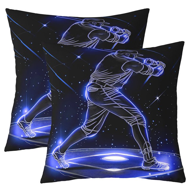 Set of 2 Baseball Throw Pillow Covers for Dorm,Neon Baseball Athletes Pillow Covers,Sports Game Cushion Covers,Purple Starry Sky Decorative Pillow Covers,18x18 Inch