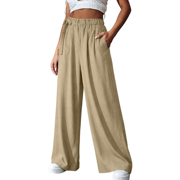 VEKDONE Women's Wide Leg Pants Summer Loose Fit Flowy Palazzo Pants Casual Elastic Waist Lightweight Travel Vacation Straight Trousers with Pockets Khaki XXL