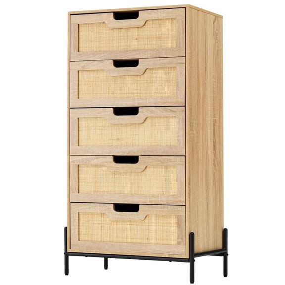 TROPOW 5 Drawer Dresser, Rattan Chest of Drawers, Wooden Dresser with Metal Legs, Mid Century Modern Tall Drawer Dresser for Bedroom, Living Room, Entrance