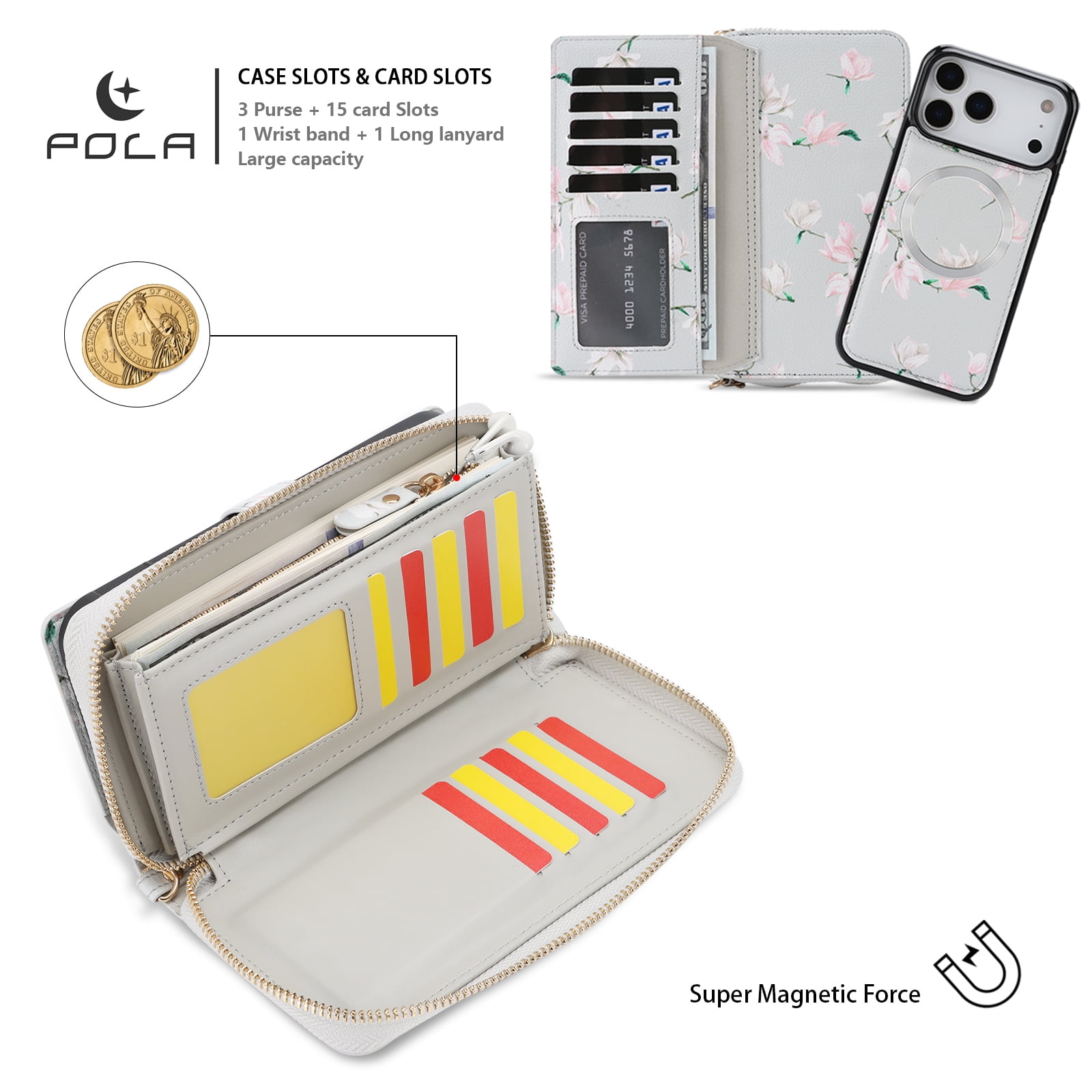 TECH CIRCLE 2-in-1 Wallet Case for iPhone 16 Pro (6.3", 2024), Detachable Magnetic Back Cover, Flip Flower Phone Case with 15 Card Slots, Zipper Pocket, Crossbody Strap, Wrist Strap, Gray