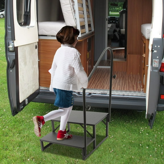 2 Steps Ladder RV Step Mobile Home Stairs W/ Handrails for Travel Trailer Camper