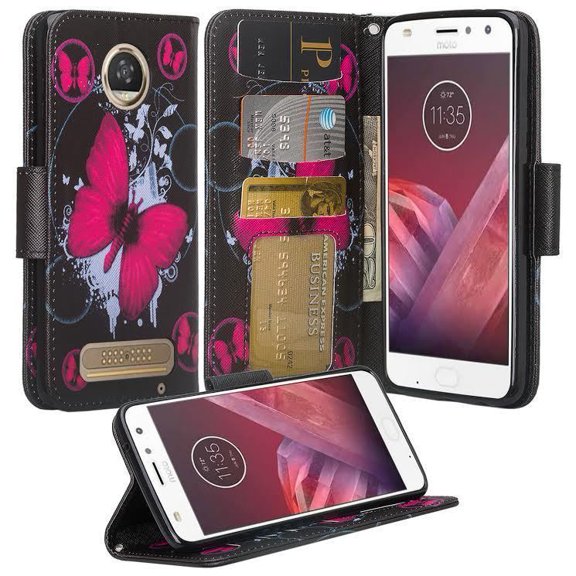 SOGA [Pocketbook Series] PU Leather Magnetic Flip Design Wallet Case for Moto Z2 Force (2017) - Big Butterfly