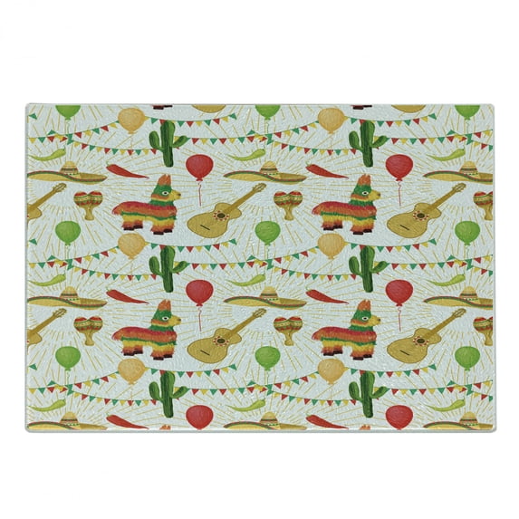 Cinco de Mayo Cutting Board, Colorful Cartoonish Design Pattern of Mexican Folk Elements on Rays Print, Decorative Tempered Glass Cutting and Serving Board, in 3 Sizes, by Ambesonne