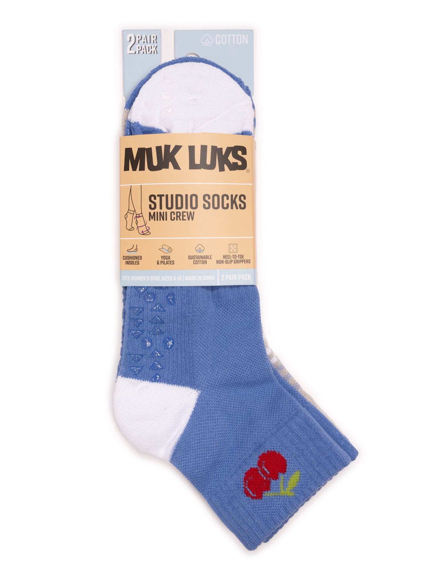 MUK LUKS Women's Pilates Inspire Cotton Mini Crew Socks, 2-Pack, Shoe Size 6-10